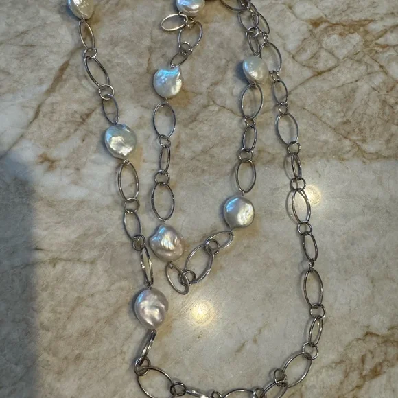 Freshwater Pearl Station Silver Chain Necklace - White - Picture 2 of 5